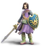  1boy 3d belt blue_eyes brown_hair dragon_quest dragon_quest_xi full_body greyscale hero_(dq11) highres looking_at_viewer male_focus monochrome official_art shield short_hair solo super_smash_bros. sword weapon 
