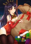  1girl absurdres alternate_breast_size bangs bare_shoulders black_hair black_legwear black_panties black_ribbon blurry bokeh bow bowtie box breasts bridal_gauntlets china_dress chinese_clothes christmas cleavage cleavage_cutout closed_mouth cowboy_shot depth_of_field dress earrings fate/grand_order fate_(series) flower fur_trim gift gift_box gingerbread_man glint gloves green_bow green_neckwear hair_ornament hair_ribbon hat hat_removed headwear_removed highres hoop_earrings indoors ishtar_(fate/grand_order) jewelry large_breasts light_blush light_smile long_hair looking_at_viewer medium_breasts merry_christmas multicolored multicolored_nails nail_polish night night_sky panties parted_bangs pelvic_curtain pom_pom_(clothes) red_bow red_dress red_eyes red_flower red_gloves red_headwear red_nails ribbon rko_(a470350510) sack saint_quartz santa_hat shooting_star side_slit sky sleeveless sleeveless_dress smile solo star_(sky) starry_sky striped striped_bow tareme thighhighs thighs tiara two_side_up underwear window yellow_nails 