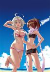  2girls ahoge bad_feet beach bikini black_bikini blue_eyes blue_sky breasts brown_eyes brown_hair closed_mouth cloud commentary_request day hair_between_eyes hair_ornament hair_over_one_eye heart heart_hair_ornament kazama_levy kurata_yui large_breasts long_hair looking_at_viewer low_twintails multiple_girls nao_akinari navel ocean open_mouth ponytail scarf silver_hair sky small_breasts smile standing standing_on_one_leg swimsuit symbol-shaped_pupils trinity_seven twintails v water white_bikini 