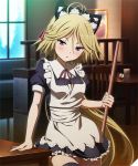  1girl animal_ears apron arm_support artist_request black_legwear blonde_hair blush cat_ears fake_animal_ears hair_between_eyes hair_ribbon indoors long_hair looking_at_viewer maid maid_apron maid_headdress official_art parted_lips ponytail purple_eyes ribbon solo source_request standing thighhighs trinity_seven very_long_hair yamana_mira 
