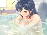  1girl bathing bathroom black_hair blush breasts closed_mouth kantai_collection large_breasts long_hair mirror nude shadow shingyo sitting solo ushio_(kantai_collection) water_drop 