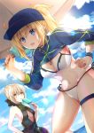  2girls :o ahoge artoria_pendragon_(all) bare_arms bare_shoulders baseball_cap bikini black_dress blonde_hair blue_eyes blue_sky breasts center_opening cleavage cloud dress fate/grand_order fate_(series) food hair_through_headwear hat highres holding holding_food iroha_(shiki) large_breasts long_hair looking_at_viewer multiple_girls mysterious_heroine_xx_(foreigner) navel open_mouth ponytail popsicle saber_alter shrug_(clothing) side-tie_bikini sideboob sidelocks sky stomach sunlight swimsuit thigh_strap thighs umbrella white_bikini 