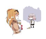  2girls absurdres anger_vein breasts bubble_tea bubble_tea_challenge chibi commentary_request cup disposable_cup drinking_straw flat_chest gentiane_(girls_frontline) girls_frontline grey_hair highres kalina_(girls_frontline) laughing medium_breasts miharu_(cgsky) multiple_girls orange_hair ponytail short_hair skirt smug spill sweatdrop tea 