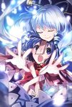  2girls bangs blue_dress blue_eyes blue_hair blue_skirt commentary_request danmaku dress drill_hair drill_locks eyebrows_visible_through_hair frills hair_ornament hair_rings hair_stick highres hug hug_from_behind jiangshi kaku_seiga katayama_kei looking_at_viewer midriff miyako_yoshika multiple_girls navel ofuda open_mouth outstretched_arms puffy_short_sleeves puffy_sleeves red_shirt shirt short_hair short_sleeves skirt smile touhou upper_body veil zombie_pose 