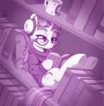  book bookshelf clothing cup dstears equid eyewear female friendship_is_magic glasses headphones horn lying mammal monochrome moondancer_(mlp) my_little_pony purple_theme reading sitting solo sweater topwear unicorn 