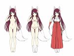 1girl :o animal_ear_fluff animal_ears bangs bare_arms bare_shoulders barefoot blue_eyes blush bow bow_bra bow_panties bra breasts brown_hair censored collarbone commentary_request eyebrows_visible_through_hair flower fox_ears fox_girl fox_tail groin hair_between_eyes hair_flower hair_ornament hakama japanese_clothes kimono long_hair long_sleeves medium_breasts multiple_views navel no_shoes nude original panties parted_lips pink_bra pink_flower pink_panties red_hakama sakuraba_hikaru_(loveindog) simple_background smile standing tabi tail underwear underwear_only variations very_long_hair white_background white_kimono white_legwear wide_sleeves 