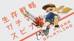 1girl baseball_cap black_shorts blonde_hair blue_sweater boots brown_headwear camouflage_hat commentary_request cross-laced_footwear domino_mask english_text fangs from_behind grey_background gym_shorts hat highres holding holding_weapon hydra_splatling_(splatoon) ink_tank_(splatoon) inkling lace-up_boots leaning_to_the_side long_sleeves looking_at_viewer looking_back mask no_legwear pointy_ears purple_eyes running shiohi short_shorts shorts solo splatoon_(series) splatoon_2 sweater tentacle_hair translation_request v-shaped_eyebrows weapon white_footwear yellow_tongue 