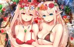  2girls :d bangs bare_arms bare_shoulders black_bra blonde_hair blue_flower blush bra breasts cleavage collarbone commentary_request covered_nipples elf eyebrows_visible_through_hair fingernails flower hair_between_eyes hair_flower hair_ornament hair_ribbon highres large_breasts long_hair looking_at_viewer multiple_girls nail_polish nasubi_(fian0202) o-ring o-ring_top open_mouth orange_flower original pink_flower pink_hair pink_nails pink_rose pointy_ears red_bra red_eyes red_flower red_ribbon red_rose ribbon rope rose smile staff strap_slip underwear underwear_only upper_body very_long_hair water white_flower 