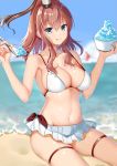  1girl bangs bare_shoulders beach blue_eyes blush breasts brown_hair closed_mouth collarbone commentary english_commentary eyebrows_visible_through_hair food groin hair_between_eyes hair_ornament highres holding holding_food kantai_collection large_breasts long_hair looking_at_viewer mahou_shounen microskirt navel ponytail sand saratoga_(kantai_collection) side_ponytail sidelocks sitting skindentation skirt smile smokestack solo spoon string_bikini swimsuit thigh_strap 
