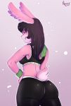  anthro butt clothed clothing female hair hi_res lagomorph leporid mammal nomdelights rabbit simple_background smile solo tight_clothing 