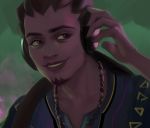  1boy black_hair brown_eyes casual chain_necklace dark_skin dark_skinned_male facial_hair goatee grin headphones highres lips listening_to_music liv_emhoff lucio_(overwatch) male_focus nose overwatch signature smile solo 