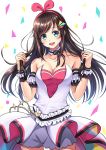  1girl :d a.i._channel arm_strap bangs blue_eyes breasts brown_hair choker cleavage collarbone cowboy_shot floating_hair hairband head_tilt highres kizuna_ai long_hair looking_at_viewer medium_breasts open_mouth pink_hairband short_shorts shorts sleeveless smile solo standing striped su77sty swept_bangs very_long_hair virtual_youtuber white_background white_shorts wrist_cuffs 