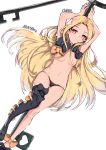  1girl abigail_williams_(fate/grand_order) absurdres arms_up artist_name black_bow black_headwear black_legwear black_panties blonde_hair blush bow bow_legwear character_name chopark fate/grand_order fate_(series) hat hat_bow highres key long_hair looking_at_viewer navel orange_bow oversized_object panties polka_dot polka_dot_bow red_eyes ribbed_legwear simple_background single_thighhigh solo thighhighs underwear very_long_hair white_background witch_hat 