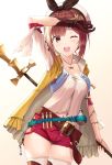  1girl atelier_(series) atelier_ryza bangs belt blush breasts brown_eyes brown_hair cleavage commentary_request eyebrows_visible_through_hair gloves hair_ornament hairclip hand_up hat highres jewelry necklace one_eye_closed open_mouth red_shorts reisalin_stout sanbe_futoshi short_shorts shorts single_glove smile solo staff standing star thighhighs thighs white_legwear 