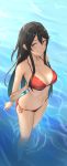  1girl arms_behind_back bare_arms bare_shoulders bikini black_hair blue_eyes blush breasts cleavage collarbone commentary_request from_above groin halterneck highres large_breasts long_hair looking_at_viewer navel original pallad red_bikini side-tie_bikini sidelocks smile solo standing stomach swimsuit thighs very_long_hair wading water 