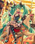  1girl :d bangs banned_artist black_footwear black_legwear black_sleeves blue_skirt blue_vest blurry blurry_background blush carousel commentary_request depth_of_field detached_sleeves eyebrows_visible_through_hair facial_mark gloves green_eyes green_hair hair_between_eyes hair_ornament hat hatsune_miku heart long_sleeves looking_at_viewer magical_mirai_(vocaloid) mini_hat mini_top_hat mismatched_legwear open_mouth pleated_skirt shirt shoes single_detached_sleeve sitting sitting_sideways skirt sleeveless sleeveless_shirt smile solo striped striped_legwear tilted_headwear top_hat twintails vertical-striped_legwear vertical_stripes vest vocaloid white_footwear white_gloves white_headwear white_shirt yuuka_nonoko 