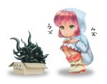  1girl boots catastrophe chibi closed_mouth commentary_request dress final_fantasy final_fantasy_v green_eyes hood lenna_charlotte_tycoon medium_hair monster non_(nonbiriya_mini) one-eyed pink_hair robe simple_background white_background white_mage 