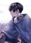  1boy ascot bangs black_hair cape commentary_request dirty_face from_side kawauso levi_(shingeki_no_kyojin) paradis_military_uniform rooftop shingeki_no_kyojin sitting thigh_strap 