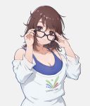  1girl adjusting_eyewear black-framed_eyewear breasts brown_eyes brown_hair cleavage collarbone eito_nishikawa eyebrows_visible_through_hair glasses hair_ornament hair_stick head_tilt highres large_breasts light_smile lips looking_at_viewer medium_hair mei_(overwatch) messy_hair off-shoulder_sweater off_shoulder olympics overwatch pajamei solo standing sweater tank_top white_background 