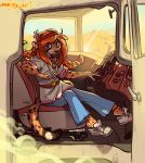  2019 5_fingers accessory anklet anthro belt blue_eyes braided_hair cheetah clothed clothing felid feline female flower flower_in_hair footwear gloria_tiller hair hair_accessory hairband hi_res hippie in_vehicle jewelry looking_at_viewer mammal peace_symbol plant shoes sitting smile sneakers solo vehicle zummeng 