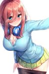  1girl :t bangs blue_cardigan blue_eyes blush breasts brown_hair cardigan cleavage closed_mouth collared_shirt commentary_request cowboy_shot dress_shirt eyebrows_visible_through_hair go-toubun_no_hanayome green_skirt hair_between_eyes headphones headphones_around_neck highres large_breasts leaning_forward long_hair long_sleeves looking_at_viewer motokonut nakano_miku outstretched_arm pantyhose pantyhose_pull pleated_skirt pocket pout pulled_by_self shirt sidelocks simple_background skindentation skirt solo v-shaped_eyebrows white_background white_shirt 