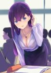  1girl absurdres adjusting_hair bangs black_skirt blue_eyes blurry blurry_background blush book bralines breasts classroom cleavage collarbone commentary_request depth_of_field desk downblouse earrings eyebrows_visible_through_hair fate/stay_night fate_(series) hair_ribbon highres indoors jewelry large_breasts leaning_forward long_hair long_sleeves looking_at_viewer matou_sakura multiple_boys necklace open_book parted_lips pencil_case pencil_skirt pov purple_hair purple_ribbon ribbon school_desk shirt skirt smile teacher tsukamori_shuuji white_shirt 