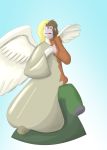  angel blonde_hair blue_background bottomwear brown_hair christmas_ornament clothed clothing dustyerror feathered_wings feathers footwear fully_clothed green_eyes hair hi_res human inanimate_transformation mammal not_furry pants shoes simple_background solo sweater topwear transformation what wings 