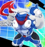  abstract_background anthro belt bulge cyberdramon debirobu digimon digimon_(species) gesture grin hybrid justimon male muscular muscular_male penis_outline scarf sharp_teeth smile teeth thumbs_up tight_suit 