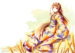  1girl animal_ears brown_hair closed_mouth fudo_shin highres holding holo japanese_clothes kimono long_hair looking_at_viewer print_kimono red_eyes signature sitting smile solo spice_and_wolf tail very_long_hair white_background white_kimono wolf_ears wolf_tail yukata 