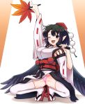 1girl ;d alternate_costume arm_up ass_visible_through_thighs bangs black_hair black_wings blush breasts cellphone commentary_request eyebrows_visible_through_hair fan feathered_wings geta hat highres holding holding_fan holding_microphone kourindou_tengu_costume large_breasts leaf_fan long_sleeves looking_at_viewer microphone nail_polish obi one_eye_closed open_mouth orange_background orange_nails panties pelvic_curtain phone pink_panties pointy_ears pom_pom_(clothes) red_eyes red_footwear red_hair red_neckwear red_sash ribbon ribbon-trimmed_sleeves ribbon_trim sash shadow shameimaru_aya short_hair sidelocks smile solo spread_legs sweat tada_no_nasu tassel tengu-geta thighhighs thighs tokin_hat touhou two-tone_background underwear white_background white_legwear wide_sleeves wings 