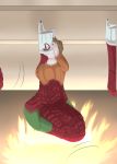  absurd_res christmas christmas_stocking clothed clothing dustyerror fire fireplace hi_res holidays human inanimate_transformation legwear male mammal not_furry solo stockings sweater text topwear transformation what 