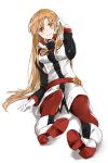  1girl absurdres asuna_(sao) augma blush boots brown_eyes brown_hair closed_mouth gloves hair_between_eyes highres jacket long_hair long_sleeves looking_at_viewer pants red_pants shiny shiny_hair simple_background sitting smile solo sword_art_online sword_art_online_the_movie:_ordinal_scale user_cfef8374 very_long_hair white_background white_gloves 