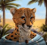  2018 anthro black_nose bust_portrait cheetah clothed clothing ear_piercing ear_ring felid feline fur jewelry king_cheetah looking_at_viewer male mammal necklace orange_eyes orange_fur piercing portrait solo spots spotted_fur titusw whiskers 