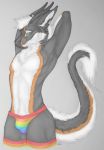  absurd_res aku_(artist) anthro asian_mythology bulge clothing dragon ear_piercing ear_ring east_asian_mythology eastern_dragon floof fluffy fur girly hi_res horn legwear male mythology panties pattern_clothing pattern_underwear piercing r&#039;hael rainbow solo striped_clothing striped_panties striped_underwear stripes tights underwear 