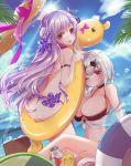  &gt;_&lt; 2girls ahoge alternate_costume arm_strap arm_support ass azur_lane bare_shoulders beach_mat bikini bird black_bikini black_choker blue_sky blush bow breasts chick choker closed_eyes cloud cloudy_sky cygnet_(azur_lane) cygnet_(sea_star_on_shore)_(azur_lane) day eyewear_on_head floating_hat hair_ribbon hat hat_ribbon heart heart-shaped_eyewear holding holding_innertube huge_breasts innertube knee_up long_hair manjuu_(azur_lane) multiple_girls navel ocean one_eye_closed open_mouth outdoors palm_tree pink_bow pink_ribbon plaid plaid_bikini plaid_ribbon purple_bikini purple_eyes purple_hair purple_ribbon red_eyes ribbon sakura_(ichisakupink) see-through short_hair sirius_(azur_lane) sirius_(midsummer_seirios)_(azur_lane) sitting sky sun sunlight swimsuit thighs tree white_hair yellow_innertube 