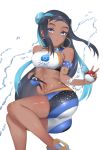  1girl armlet ass bare_shoulders black_hair blue_eyes blue_hair breasts crimecrime dark_skin earrings forehead gloves hair_bun highres hoop_earrings jewelry long_hair looking_at_viewer multicolored_hair navel necklace open_mouth pokemon pokemon_(game) pokemon_swsh rurina_(pokemon) shorts simple_background single_glove solo sports_bra thighs water white_background 