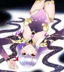  1girl armor bangs bare_shoulders bikini_armor blush breasts detached_sleeves dress fate/grand_order fate_(series) hair_between_eyes hair_ribbon highres jewelry kama_(fate/grand_order) kawasakigrace large_breasts long_hair looking_at_viewer lying on_back open_mouth parted_lips purple_dress purple_legwear purple_sleeves red_eyes red_ribbon ribbon ring silver_hair solo thighs 
