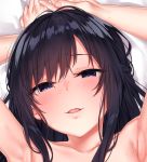  1girl armpits arms_up bangs bare_shoulders blue_hair blush bow bowtie closed_mouth collarbone eyebrows_visible_through_hair half-closed_eyes head_tilt jaku_denpa long_hair looking_at_viewer lying on_back open_mouth original portrait red_neckwear sidelocks smile solo sweat 
