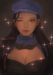  1girl 2019 absurdres alternate_costume ana_(overwatch) beret black_hair breasts brown_eyes captain_amari cleavage cleavage_cutout dark_skin eden_(edensarcade) eye_of_horus eyelashes facial_tattoo facing_viewer hat highres lips lipstick long_hair looking_at_viewer makeup medium_breasts nose one_eye_closed overwatch signature solo sparkle straight_hair tattoo uniform younger 