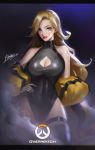  1girl bare_shoulders black_gloves black_leotard blonde_hair blue_background blue_eyes boots breasts cleavage cleavage_cutout commentary_request contrapposto covered_navel earrings eyebrow_piercing gloves hair_down hand_on_hip highres jewelry large_breasts leotard letterboxed lips lipstick long_hair makeup mercy_(overwatch) nose off_shoulder overwatch overwatch_(logo) piercing r.keensies signature solo standing taut_leotard thigh_boots thigh_strap thighhighs unzipped yellow_coat 