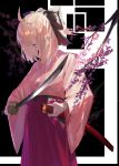  1girl bangs black_bow blonde_hair bow commentary_request fate/grand_order fate_(series) flower grey_eyes hair_between_eyes hair_bow hakama highres holding holding_sword holding_weapon japanese_clothes katana kimono koha-ace kuronoiparoma long_sleeves obi okita_souji_(fate) okita_souji_(fate)_(all) pink_kimono purple_flower purple_hakama sash sheath solo sword tree_branch unsheathed weapon wide_sleeves 