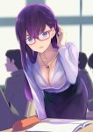 1girl absurdres adjusting_hair bangs bespectacled black_skirt blue_eyes blurry blurry_background blush book bralines breasts classroom cleavage collarbone depth_of_field desk downblouse earrings eyebrows_visible_through_hair fate/stay_night fate_(series) glasses hair_ribbon highres indoors jewelry large_breasts leaning_forward long_hair long_sleeves looking_at_viewer matou_sakura multiple_boys necklace open_book parted_lips pencil_case pencil_skirt pink-framed_eyewear pov purple_hair purple_ribbon ribbon school_desk shirt skirt smile teacher tsukamori_shuuji white_shirt 