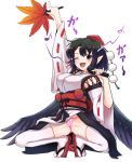  1girl ;d alternate_costume arm_up ass_visible_through_thighs bangs black_hair black_wings blush breasts cellphone commentary_request eighth_note eyebrows_visible_through_hair fan feathered_wings geta hat heart highres holding holding_fan holding_microphone kourindou_tengu_costume large_breasts leaf_fan long_sleeves looking_at_viewer microphone musical_note nail_polish obi one_eye_closed open_mouth orange_nails panties pelvic_curtain phone pink_panties pointy_ears pom_pom_(clothes) red_eyes red_footwear red_hair red_neckwear red_sash ribbon ribbon-trimmed_sleeves ribbon_trim sash shadow shameimaru_aya short_hair sidelocks simple_background smile solo spread_legs sweat tada_no_nasu tassel tengu-geta thighhighs thighs tokin_hat touhou translation_request underwear white_background white_legwear wide_sleeves wings 