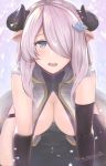  1girl all_fours black_gloves black_legwear blue_eyes blush breasts commentary draph elbow_gloves gloves granblue_fantasy hair_ornament hair_over_one_eye hanging_breasts horns large_breasts lavender_hair long_hair looking_at_viewer narmaya_(granblue_fantasy) pointy_ears senasky signature single_thighhigh sleeveless solo thigh_strap thighhighs 