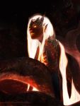  ambiguous_gender digital_media_(artwork) digital_painting_(artwork) fin glowing glowing_eyes glowing_hair glowing_lips hair horn humanoid_pointy_ears lips long_hair marine merfolk nude orange_theme shalizeh7 solo split_form url white_eyes white_hair 