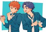  2boys blue_background blue_eyes blue_hair blue_shirt blush bow candy_jar commentary eating emiya_shirou eyebrows_visible_through_hair fate/stay_night fate_(series) holding holding_candy holding_paper long_sleeves looking_at_another male_focus matou_shinji multiple_boys necktie open_mouth paper red_hair shirt simple_background smile tatsuta_age teeth wavy_hair white_neckwear 