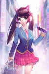  1girl academy_d.va alternate_costume animal_ears axent_wear bag bandaid_on_leg bangs bespectacled blazer breasts brown_hair cat_ear_headphones cat_ears d.va_(overwatch) ennn eyebrows_visible_through_hair fake_animal_ears glasses handheld_game_console headphones highres jacket long_hair looking_at_viewer medium_breasts necktie overwatch pink_neckwear pink_skirt playstation_portable pleated_skirt purple_eyes rimless_eyewear school_uniform skirt smile solo swept_bangs twintails walking whisker_markings 