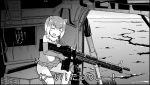  2girls aircraft animal_ears closed_eyes doorgunner_(full_metal_jacket) full_metal_jacket greyscale gun helicopter helicopter_interior holding holding_weapon kemono_friends ki-51_(ampullaria) m60 machine_gun monochrome multiple_girls open_mouth otter_ears parody short_hair small-clawed_otter_(kemono_friends) translated weapon 
