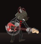  2019 5_fingers aggressive_retsuko animated anthro bottomwear clothed clothing footwear front_view fully_clothed fur grey_fur guitar haida hyaenid jacket jeans leather leather_jacket loop male mammal musical_instrument pants passchan playing_guitar playing_music sanrio shoes solo spotted_hyena stage standing topwear 