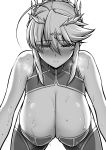  1girl ahoge all_fours artoria_pendragon_(all) artoria_pendragon_(lancer) bangs bare_shoulders blush braid breasts breath cleavage commentary_request cross eyebrows_visible_through_hair fate/grand_order fate_(series) french_braid hair_between_eyes hanging_breasts highres huge_breasts jewelry kanno_takanori looking_at_viewer monochrome parted_lips short_hair sleeveless solo sweat tiara 